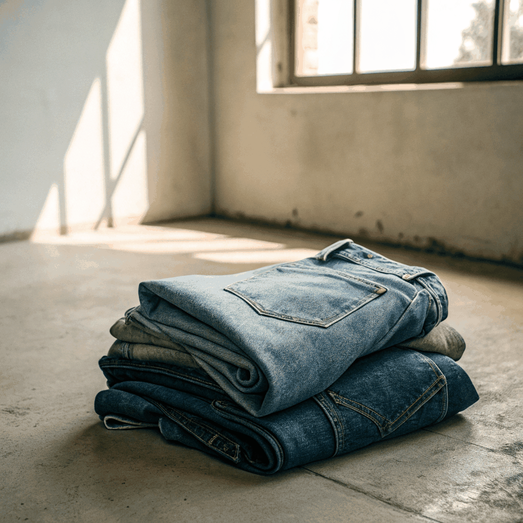 Minimalist packaging of Radian Jeans in a clean studio