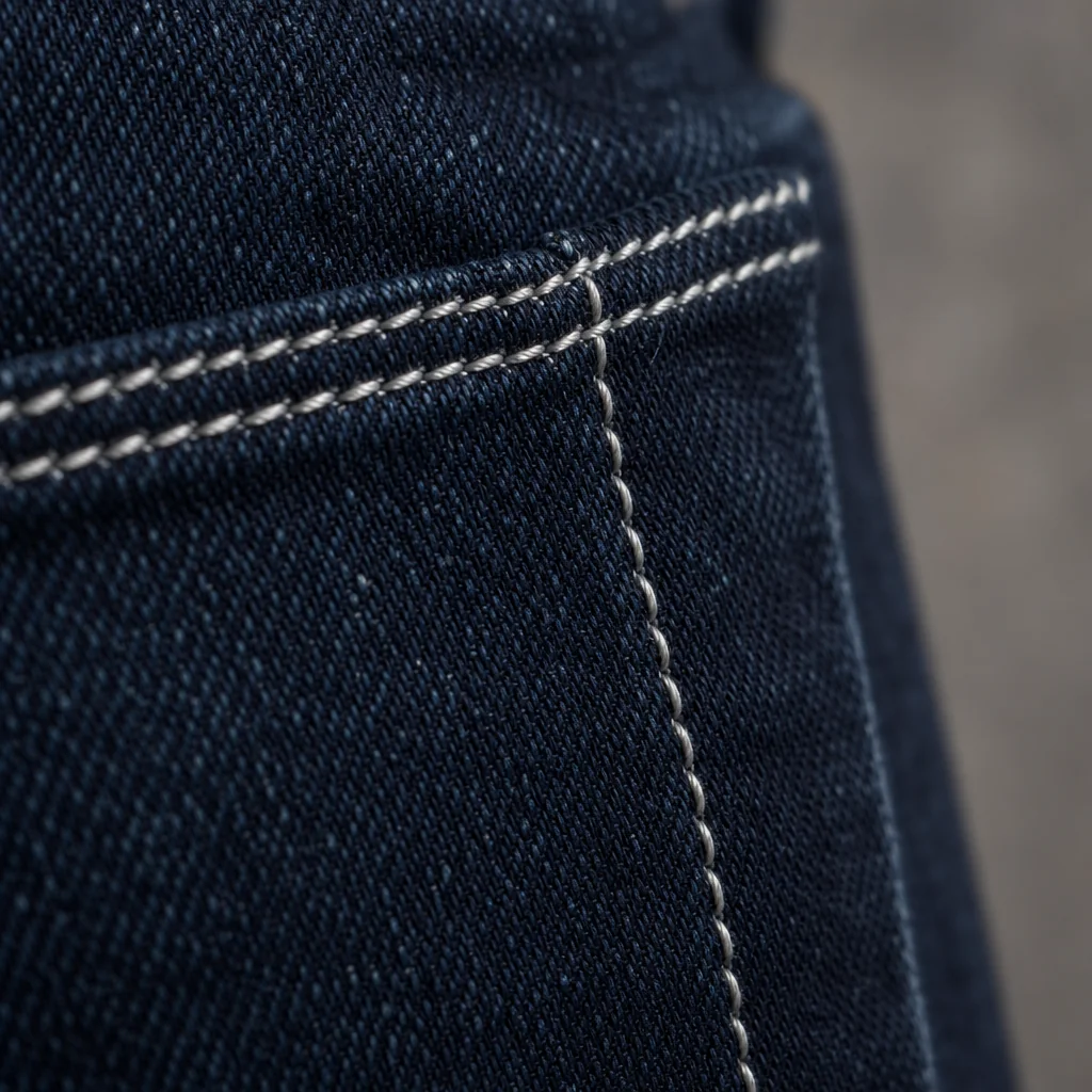 Close up of reinforced copper stitching on dark indigo denim