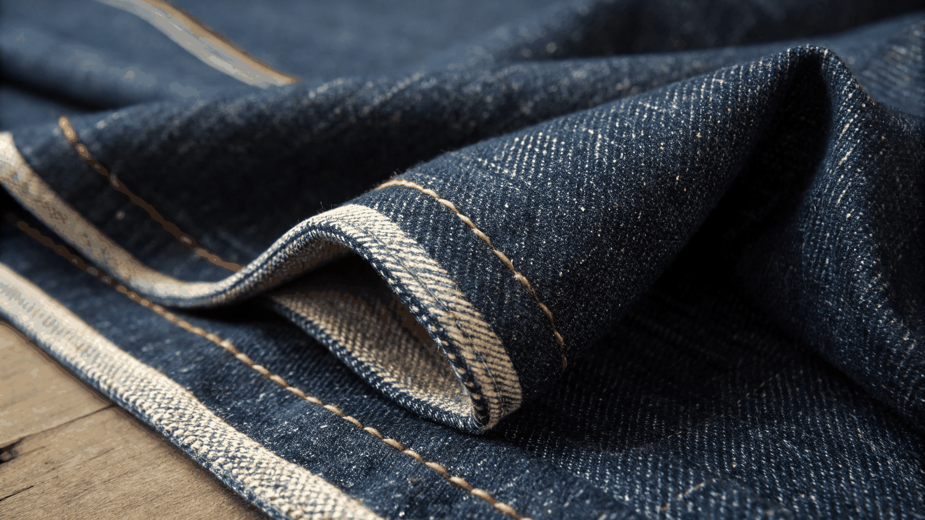 Close up of premium raw denim texture with copper rivets and contrast stitching